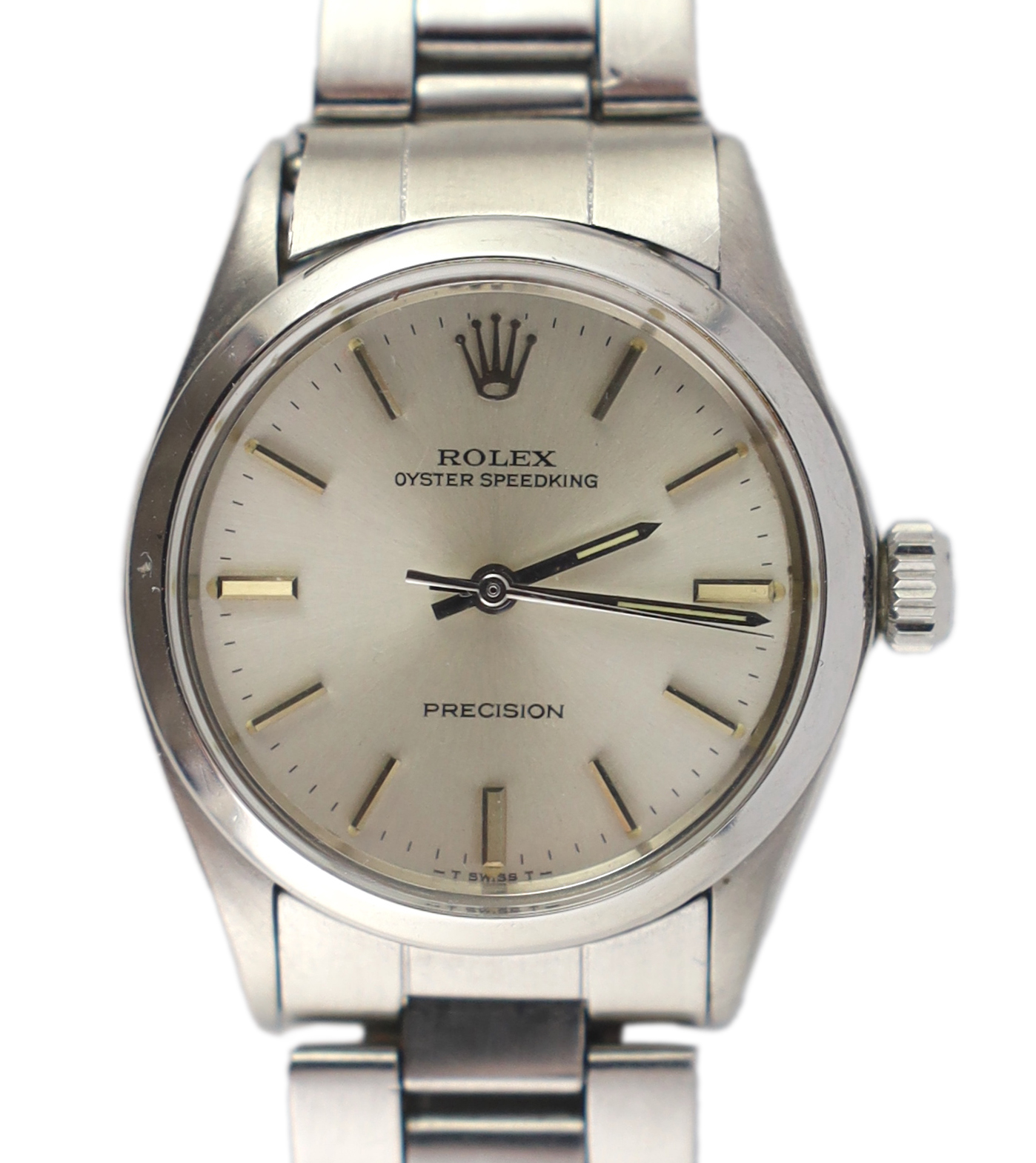 A gentleman's early 1970's stainless steel mid-size Rolex Oyster Speedking precision wrist watch, on a stainless steel Rolex bracelet